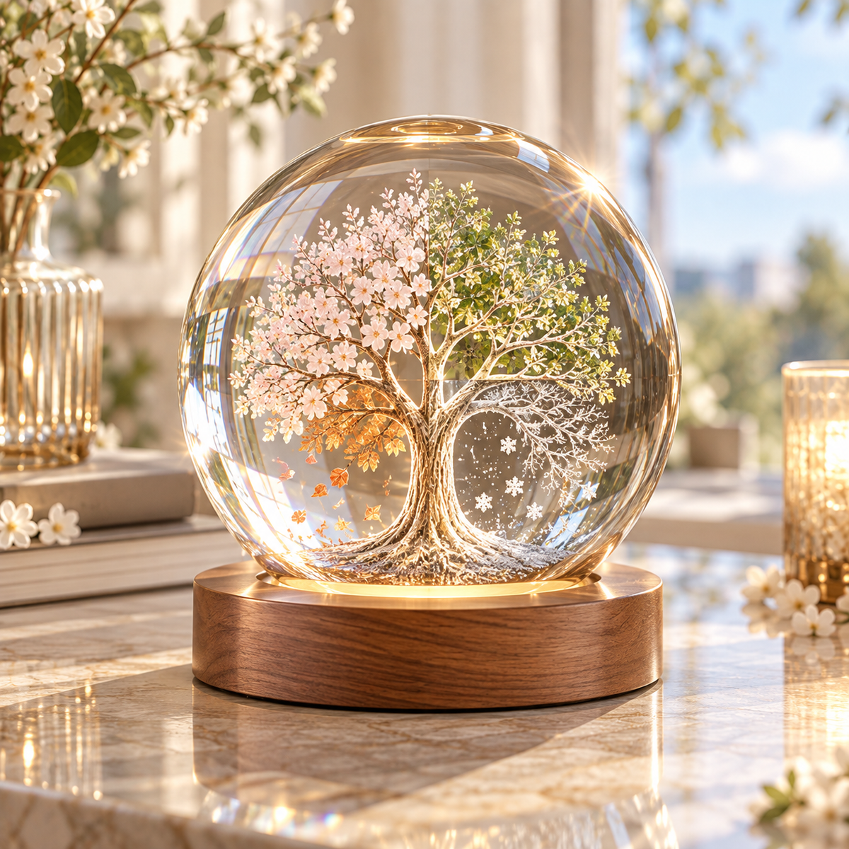 Iumrtsk™ Four Seasons Orb — Seasonal Tree Crystal Glass Ball, Laser-Engraved Tabletop Sphere with Wood Display Base