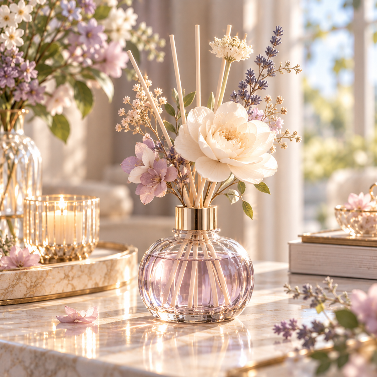 Iumrtsk™ Flora Reed — Flower Reed Diffuser, Decorative Glass Fragrance Bottle with Botanical Diffuser Reeds